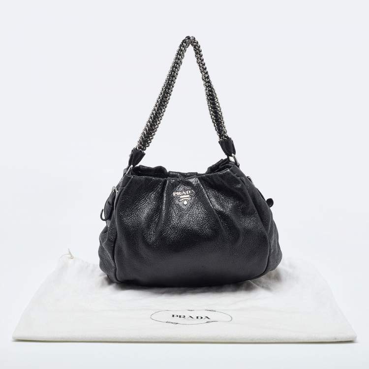 Pre Owned Prada Black Cervo Leather Chain Hobo