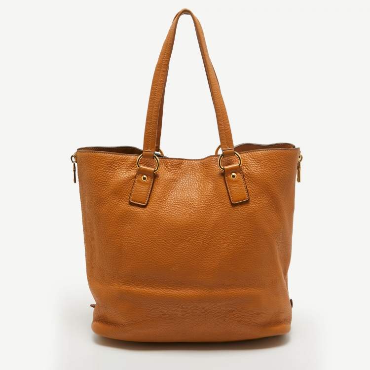 Pre Owned Prada Tan Vitello Daino Leather Side Zip Shopping Tote