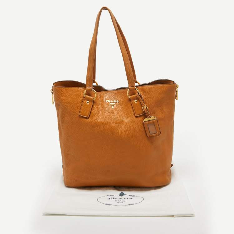 Pre Owned Prada Tan Vitello Daino Leather Side Zip Shopping Tote
