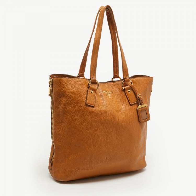 Pre Owned Prada Tan Vitello Daino Leather Side Zip Shopping Tote