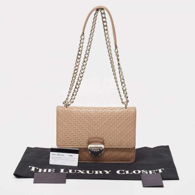 مملوكة مسبقًا Prada Beige Madras Woven Leather Chain Flap Bag