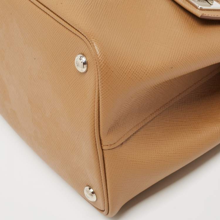 Pre Owned Prada Beige Saffiano Lux Leather Top Handle Bag