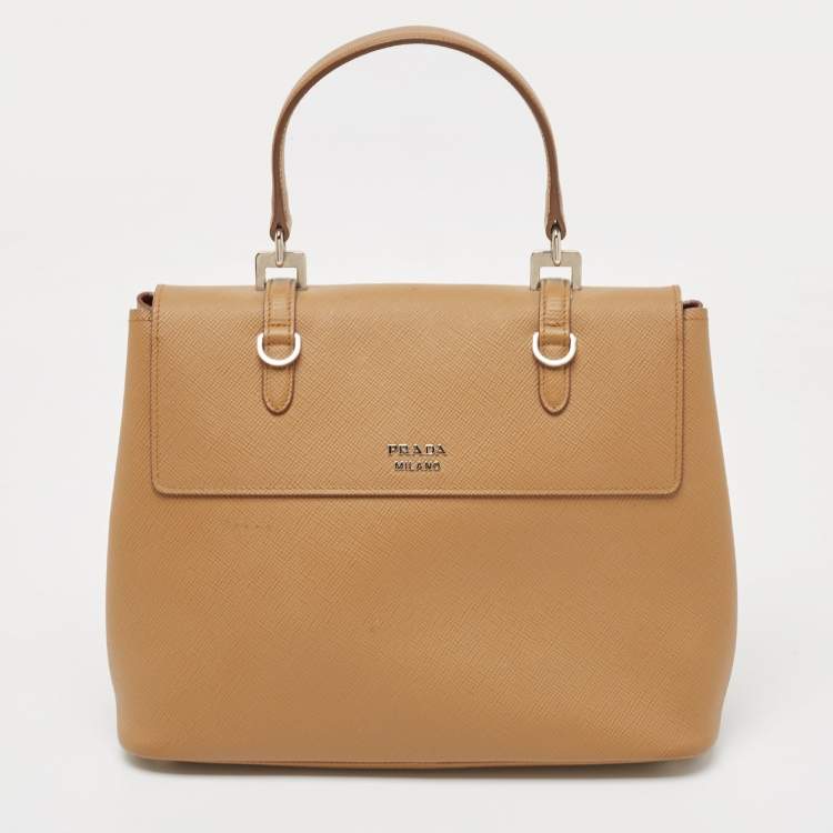 Pre Owned Prada Beige Saffiano Lux Leather Top Handle Bag