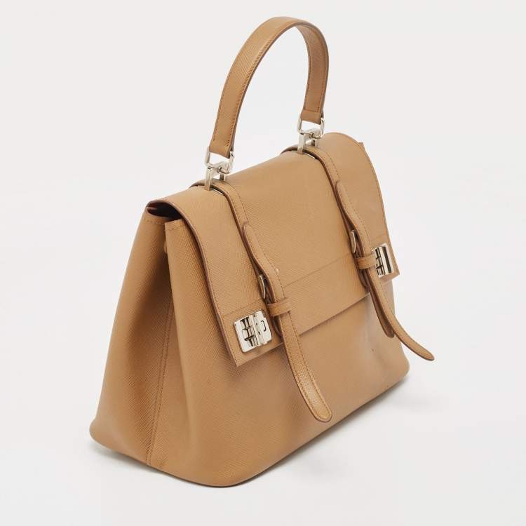 Pre Owned Prada Beige Saffiano Lux Leather Top Handle Bag