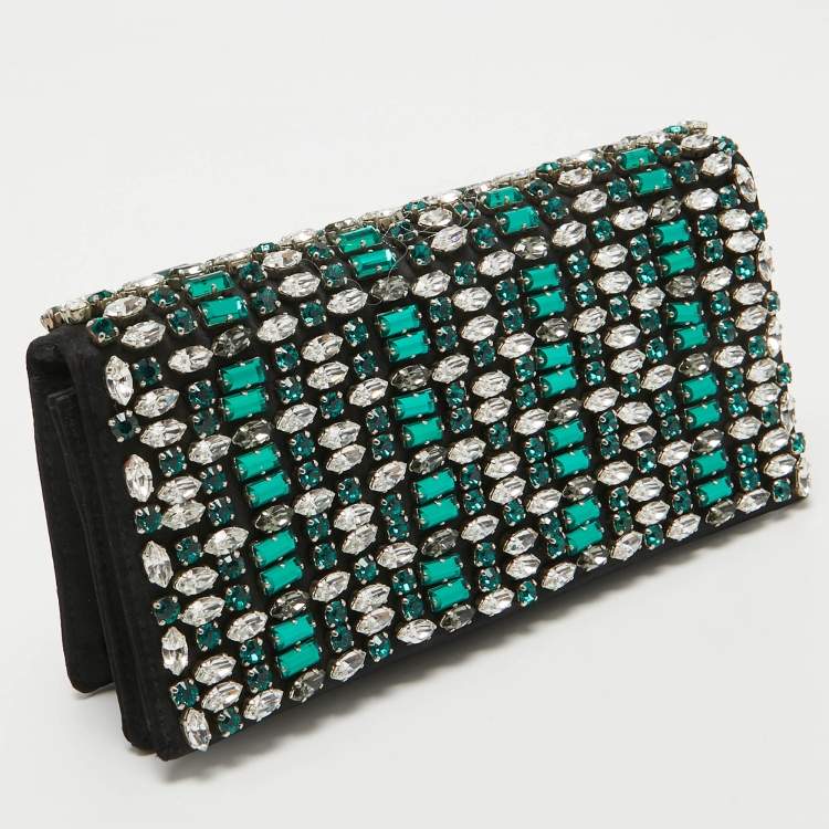 Pre Owned Prada Black Satin Embellished Crystals Clutch