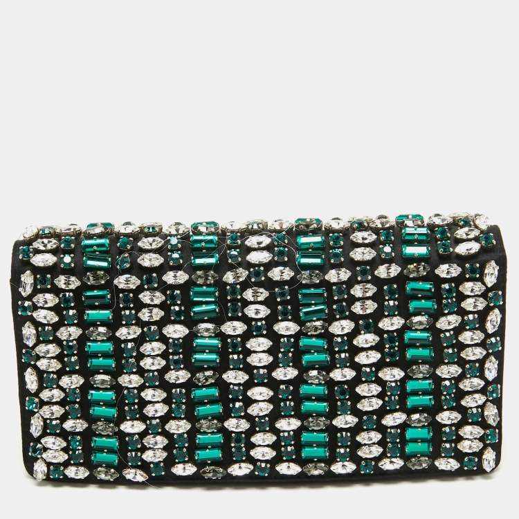 Pre Owned Prada Black Satin Embellished Crystals Clutch