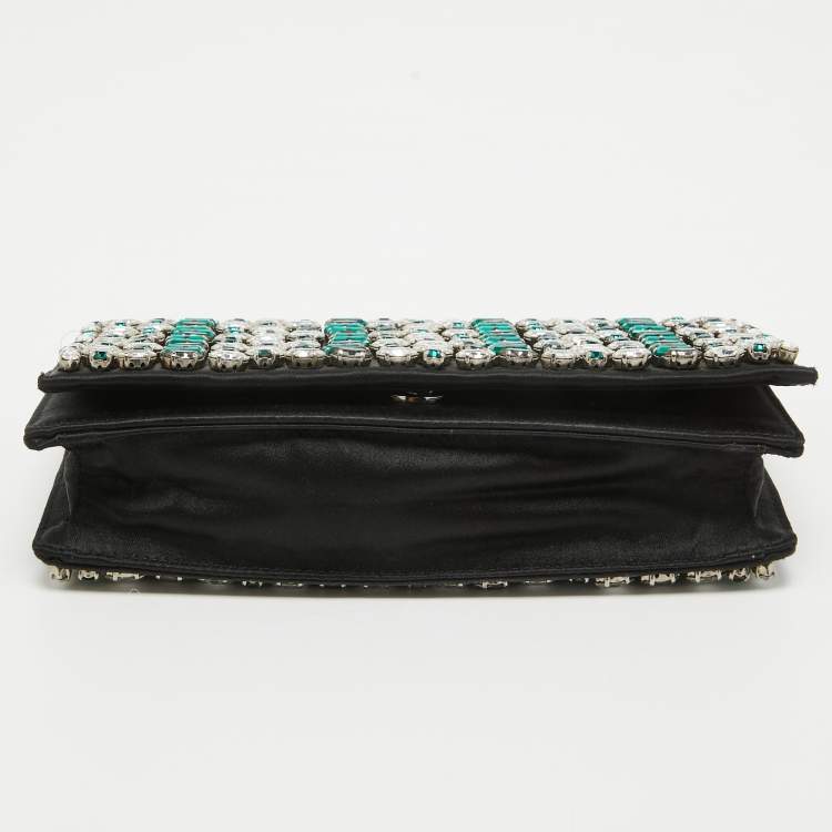 Pre Owned Prada Black Satin Embellished Crystals Clutch