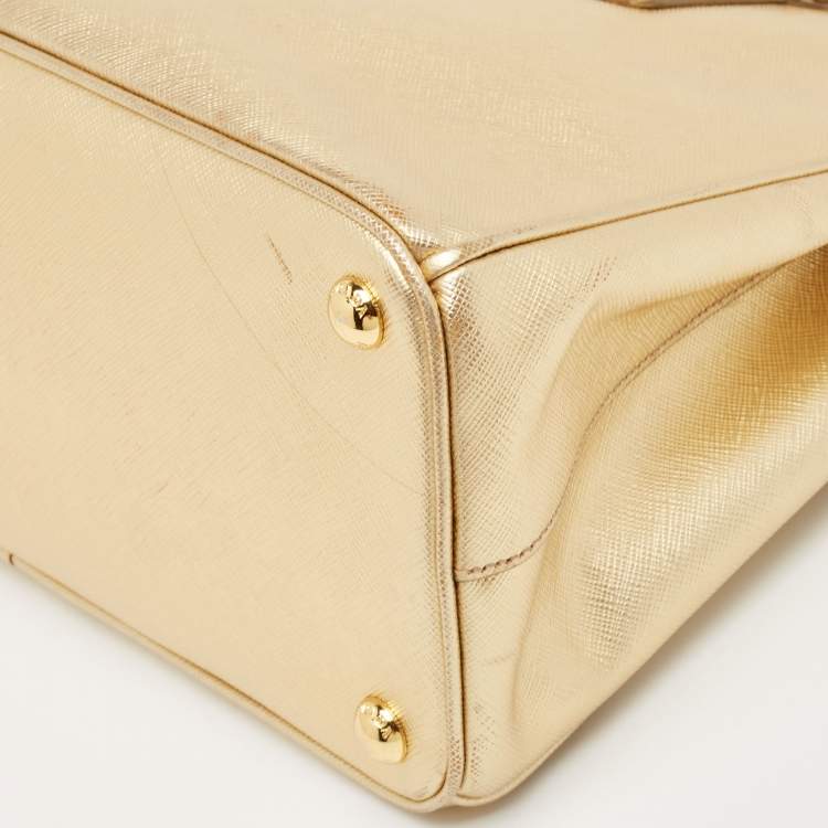 Pre Owned Prada Gold Saffiano Lux Leather Small Double Zip Tote