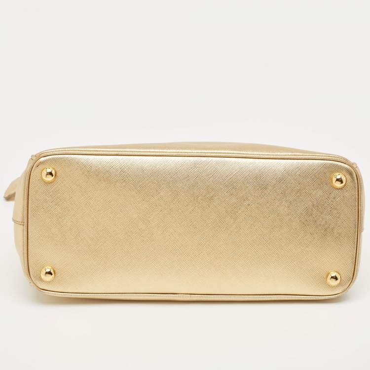 Pre Owned Prada Gold Saffiano Lux Leather Small Double Zip Tote