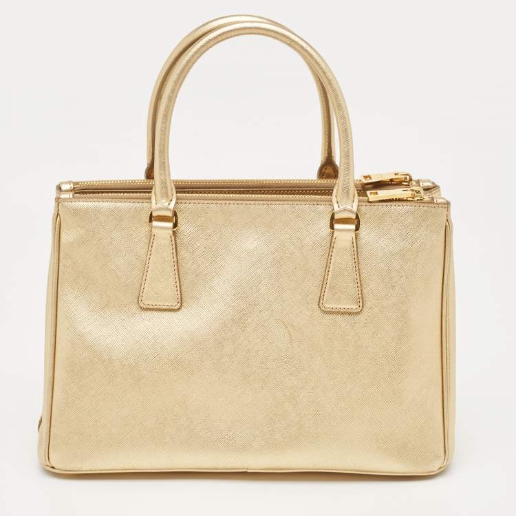 Pre Owned Prada Gold Saffiano Lux Leather Small Double Zip Tote