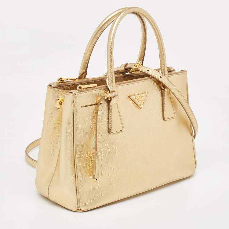 Pre Owned Prada Gold Saffiano Lux Leather Small Double Zip Tote