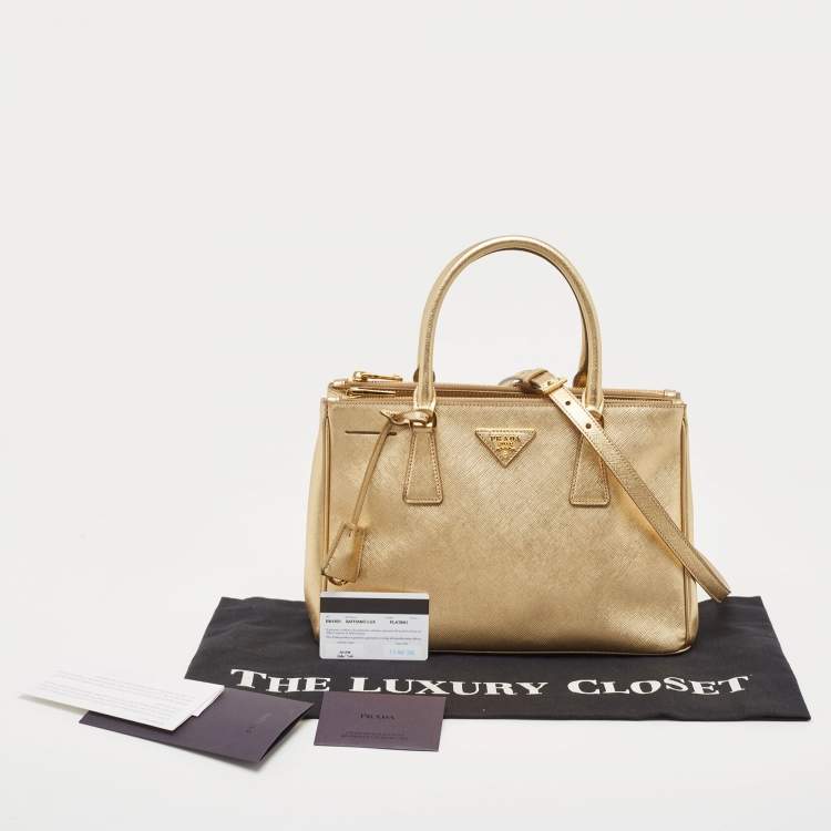 Pre Owned Prada Gold Saffiano Lux Leather Small Double Zip Tote