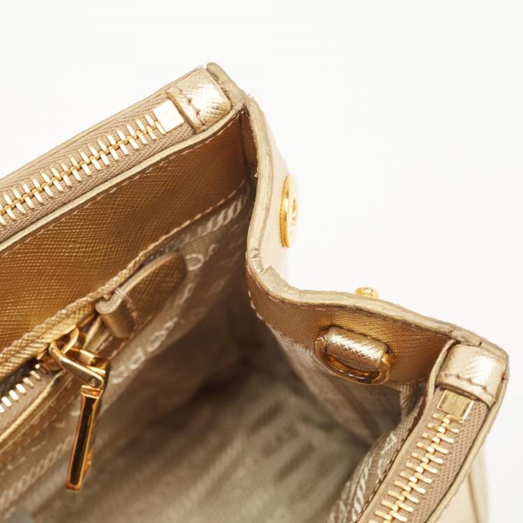 Pre Owned Prada Gold Saffiano Lux Leather Small Double Zip Tote