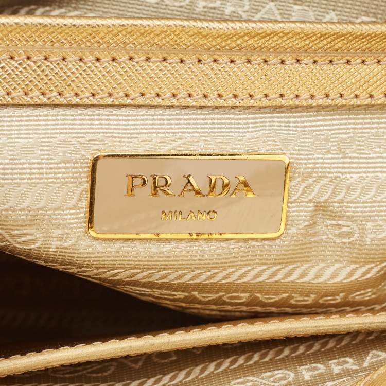 Pre Owned Prada Gold Saffiano Lux Leather Small Double Zip Tote
