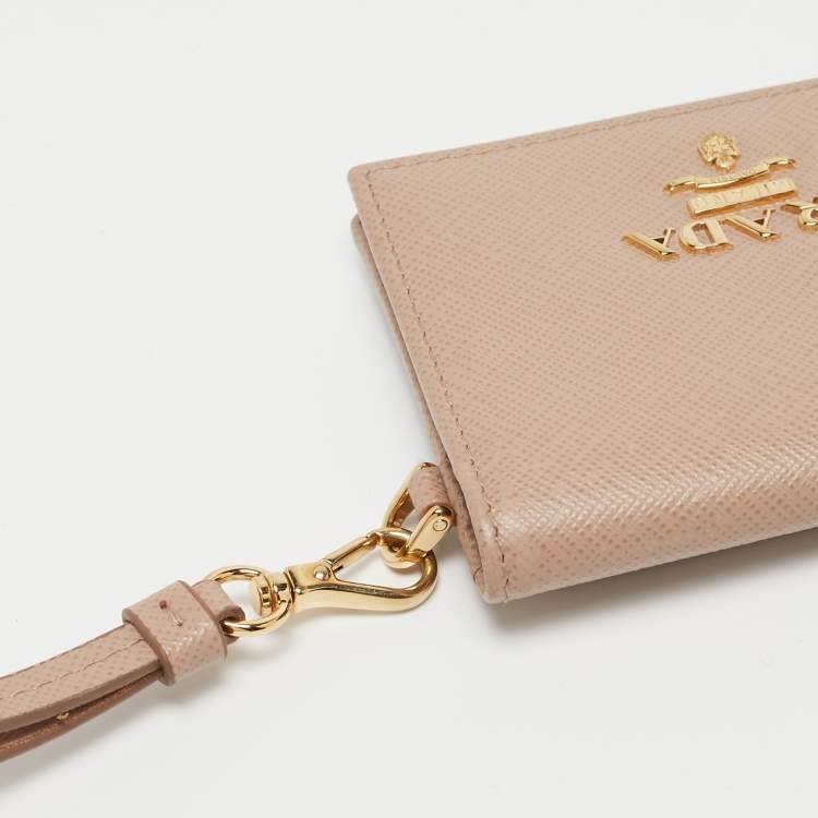 مملوكة مسبقًا Prada Beige Saffiano Leather Card Holder with Strap 