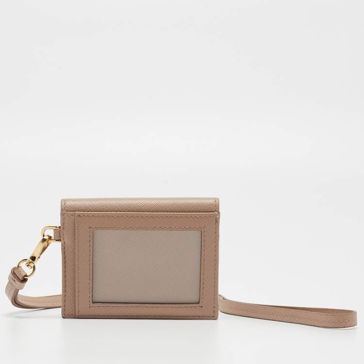 مملوكة مسبقًا Prada Beige Saffiano Leather Card Holder with Strap 
