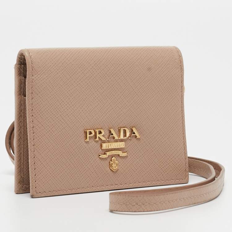 مملوكة مسبقًا Prada Beige Saffiano Leather Card Holder with Strap 