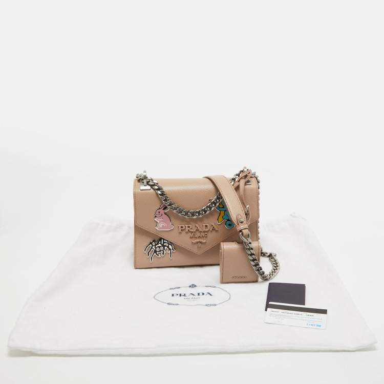 Pre Owned Prada Beige Saffiano Leather Small Monochrome Embellished Shoulder Bag