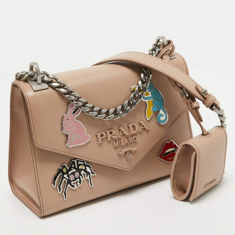 Pre Owned Prada Beige Saffiano Leather Small Monochrome Embellished Shoulder Bag