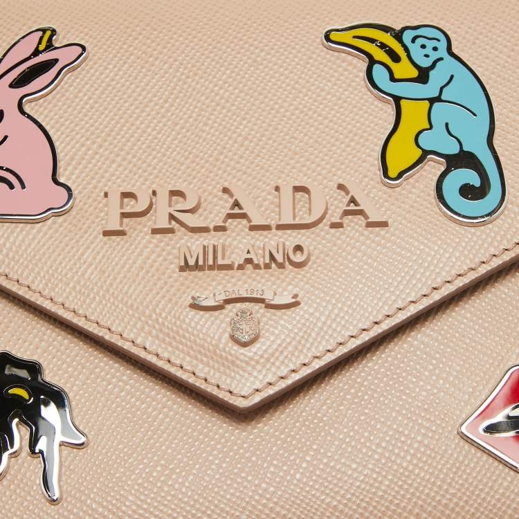 Pre Owned Prada Beige Saffiano Leather Small Monochrome Embellished Shoulder Bag