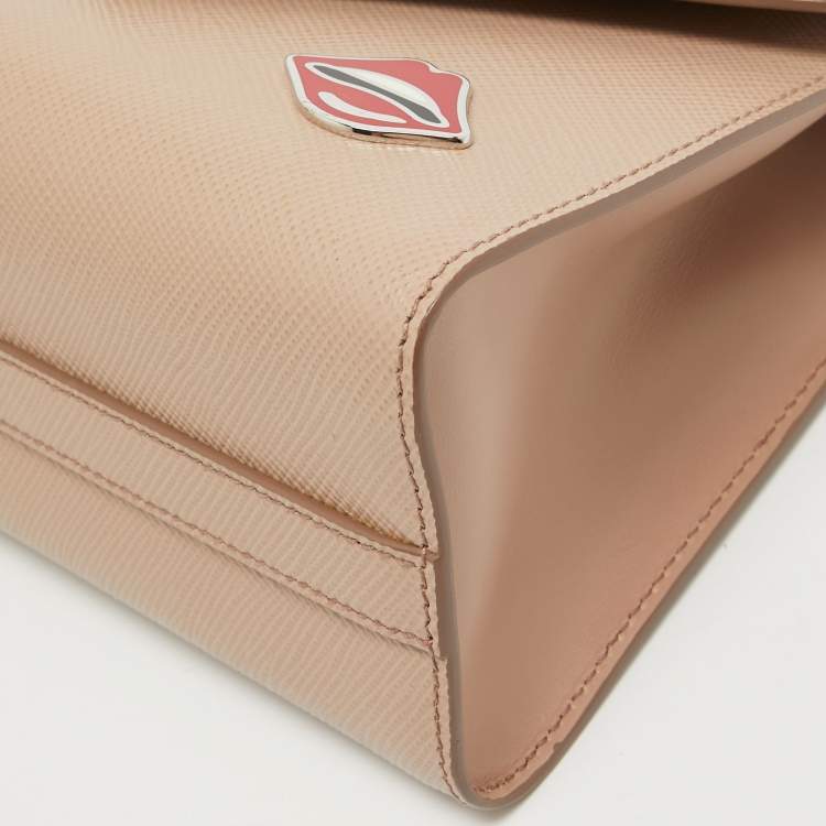 Pre Owned Prada Beige Saffiano Leather Small Monochrome Embellished Shoulder Bag