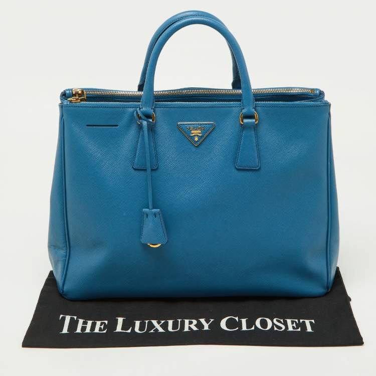 Pre Owned Prada Blue Saffiano Lux Leather Large Galleria Double Zip Tote