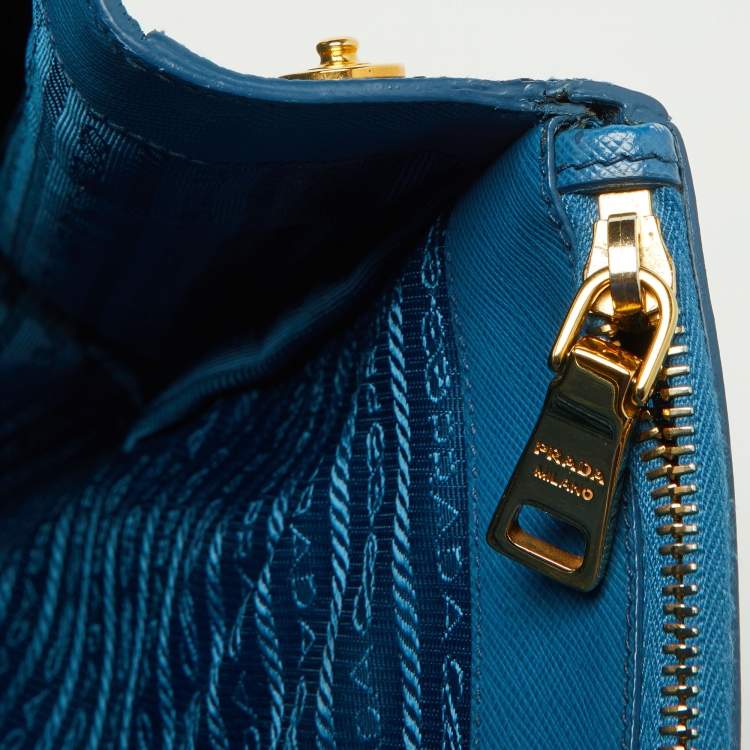 Pre Owned Prada Blue Saffiano Lux Leather Large Galleria Double Zip Tote