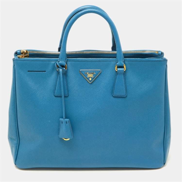 Pre Owned Prada Blue Saffiano Lux Leather Large Galleria Double Zip Tote