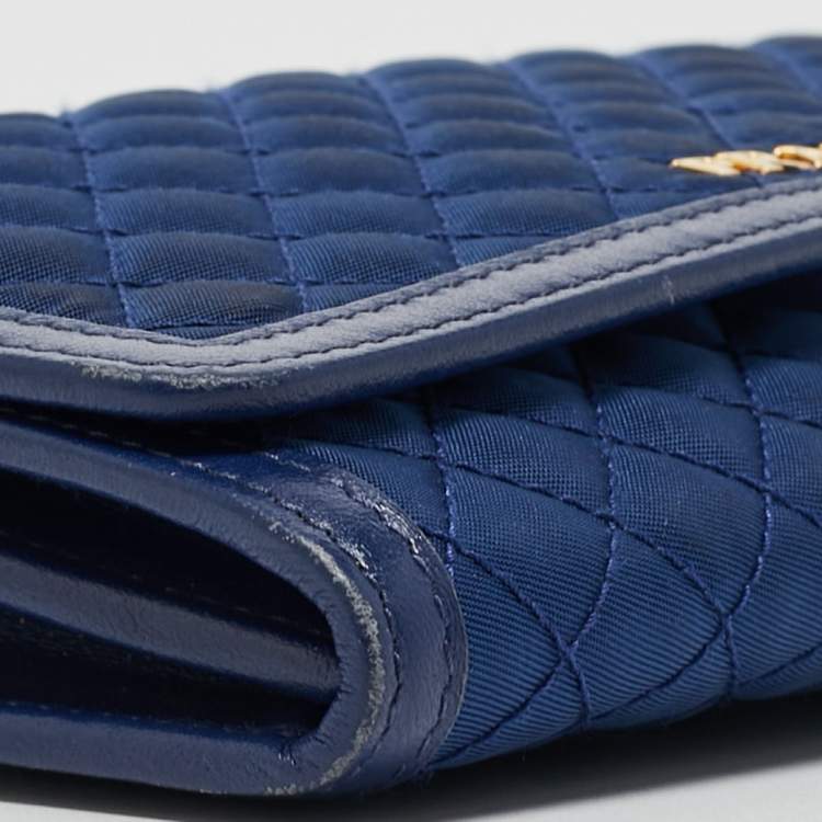 Pre Owned Prada Blue Quilted Nylon and Leather Logo Strap Wallet