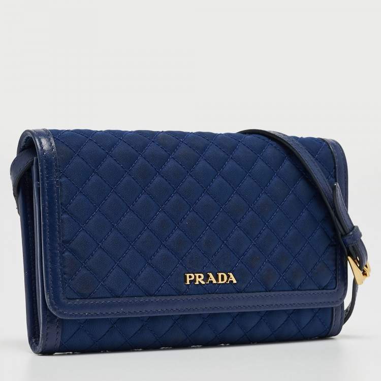 Pre Owned Prada Blue Quilted Nylon and Leather Logo Strap Wallet