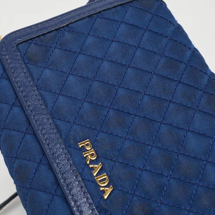 Pre Owned Prada Blue Quilted Nylon and Leather Logo Strap Wallet