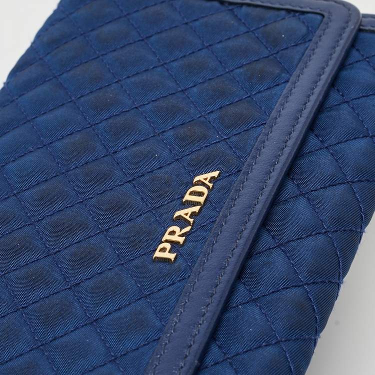 Pre Owned Prada Blue Quilted Nylon and Leather Logo Strap Wallet