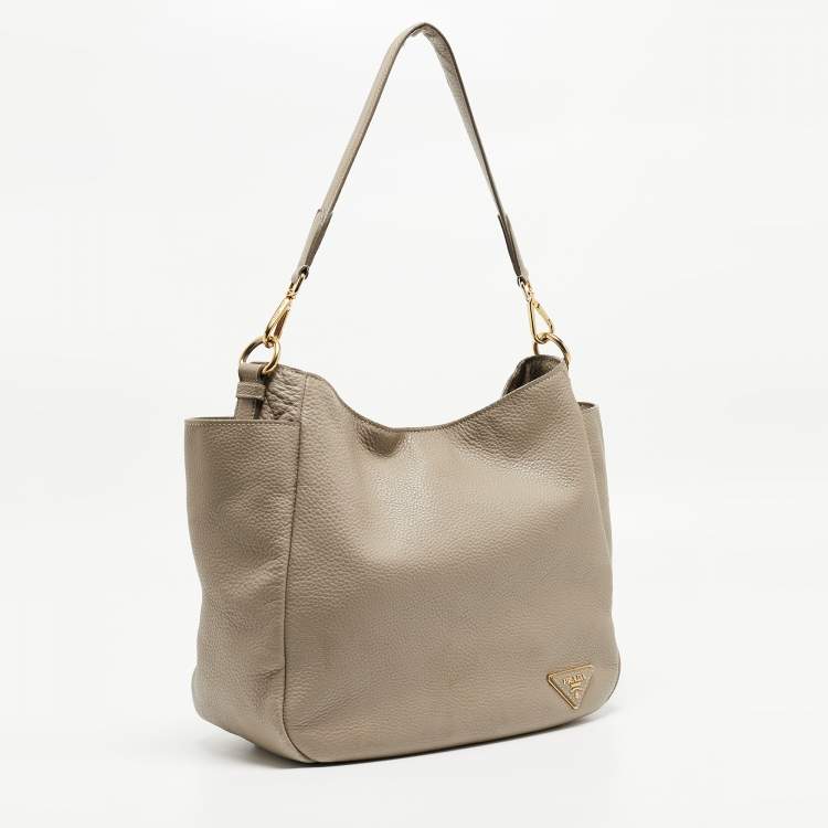 Pre Owned Prada Grey Vitello Daino Leather Side Pocket Zip Hobo