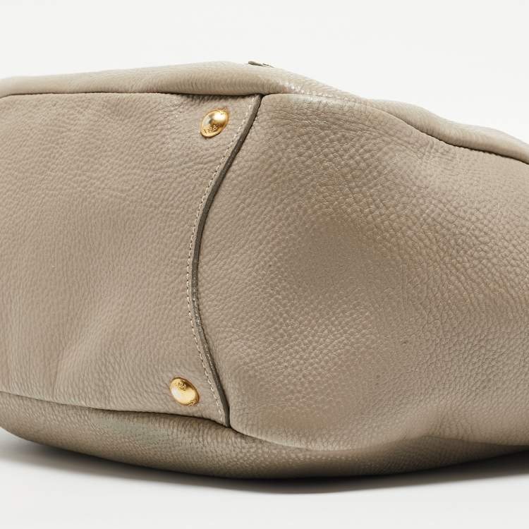 Pre Owned Prada Grey Vitello Daino Leather Side Pocket Zip Hobo