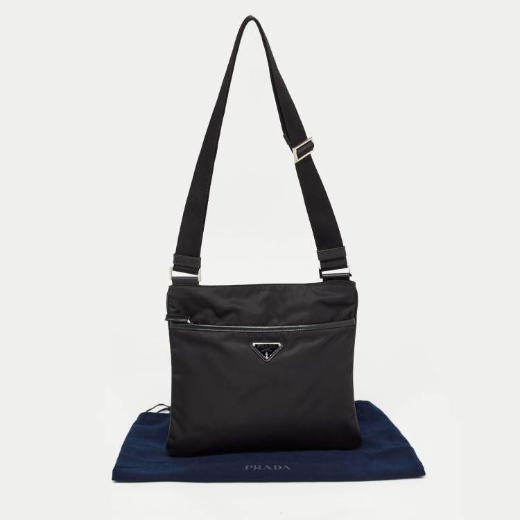 Pre Owned Prada Black Nylon and Leather Triangular Logo Messenger Bag