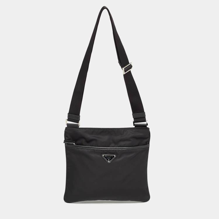 Pre Owned Prada Black Nylon and Leather Triangular Logo Messenger Bag