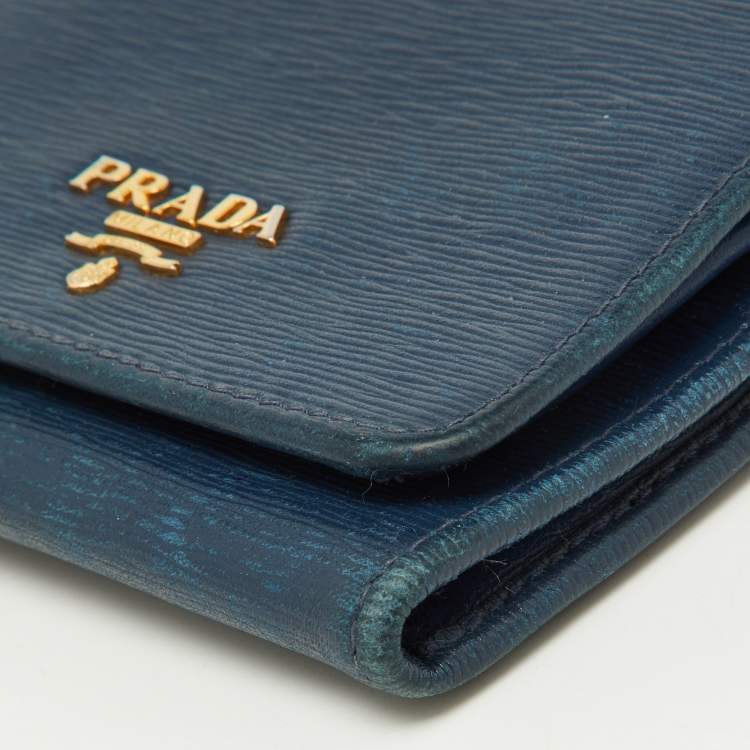 Pre Owned Prada Blue Vittello Move Leather Trifold Wallet