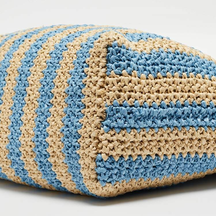 Pre Owned Prada Tan/Light Blue Crochet Straw Large Tote