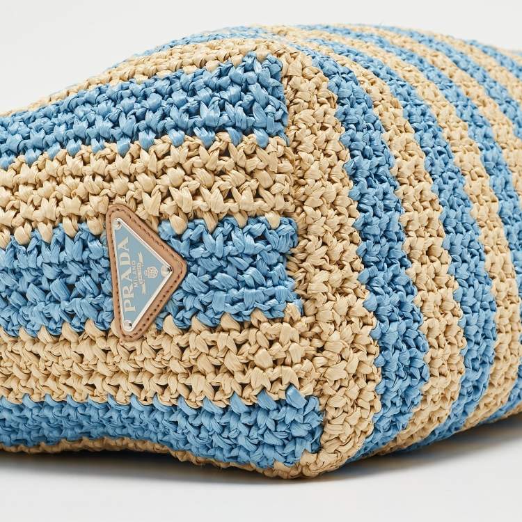 Pre Owned Prada Tan/Light Blue Crochet Straw Large Tote