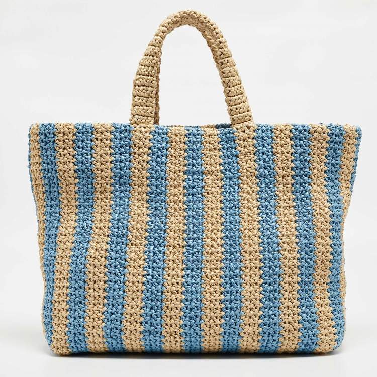 Pre Owned Prada Tan/Light Blue Crochet Straw Large Tote