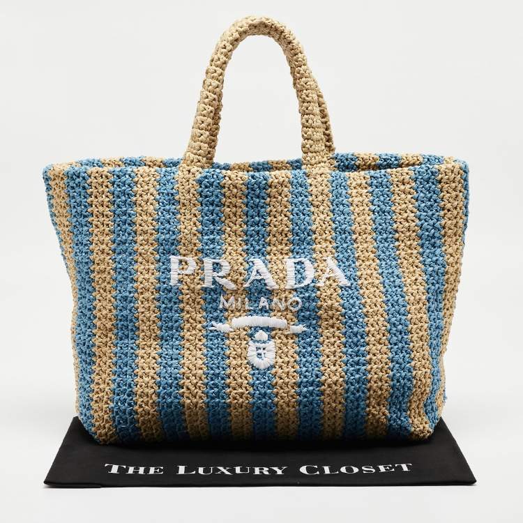 Pre Owned Prada Tan/Light Blue Crochet Straw Large Tote