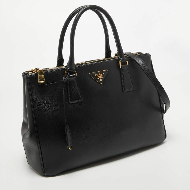 Pre Owned Prada Black Saffiano Lux Leather Medium Double Zip Tote