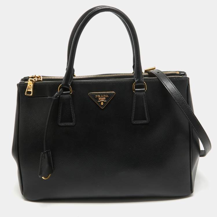 Pre Owned Prada Black Saffiano Lux Leather Medium Double Zip Tote