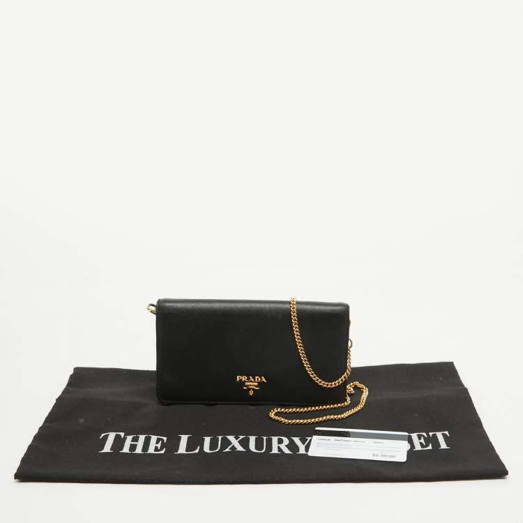 Pre Owned Prada Black Saffiano Lux Leather Logo Flap Wallet On Chain