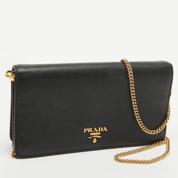 Pre Owned Prada Black Saffiano Lux Leather Logo Flap Wallet On Chain