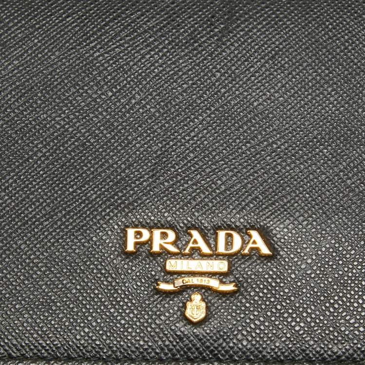 Pre Owned Prada Black Saffiano Lux Leather Logo Flap Wallet On Chain