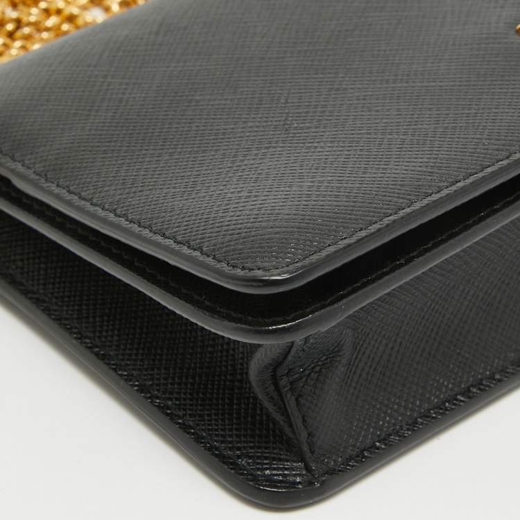 Pre Owned Prada Black Saffiano Lux Leather Logo Flap Wallet On Chain