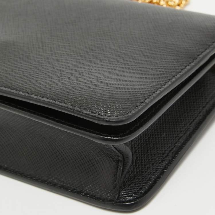 Pre Owned Prada Black Saffiano Lux Leather Logo Flap Wallet On Chain