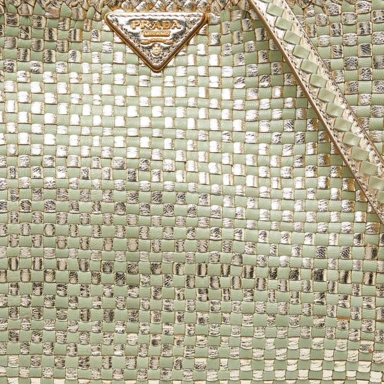 Pre Owned Prada Gold/Green Wowen Madras Leather Tote