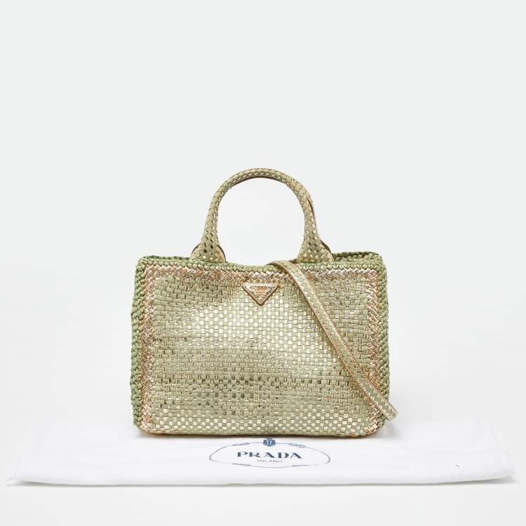 Pre Owned Prada Gold/Green Wowen Madras Leather Tote